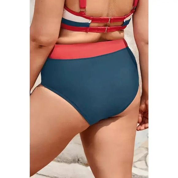 Cupshe Women's Blue & Red Banded High Waist Bikini Bottom Plus Size 3X - Picture 2 of 8